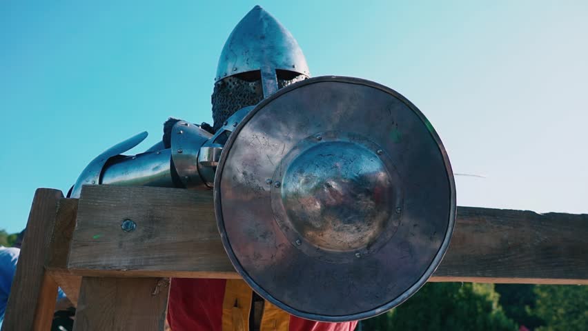 Knight Tournament. Knight before the fight. Man in Iron Armor Royalty-Free Stock Footage #1012856930