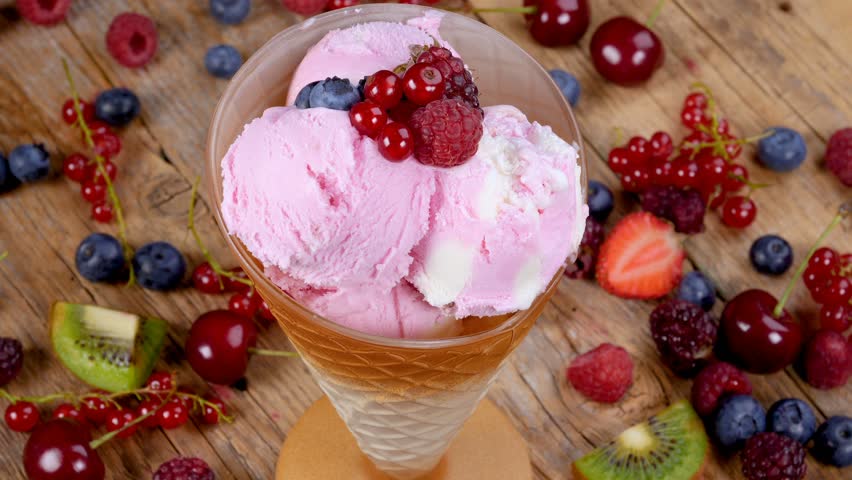 Berries ice cream in cup rotating on wooden table full of summer forest fruits. 4k | Shutterstock HD Video #1012858142