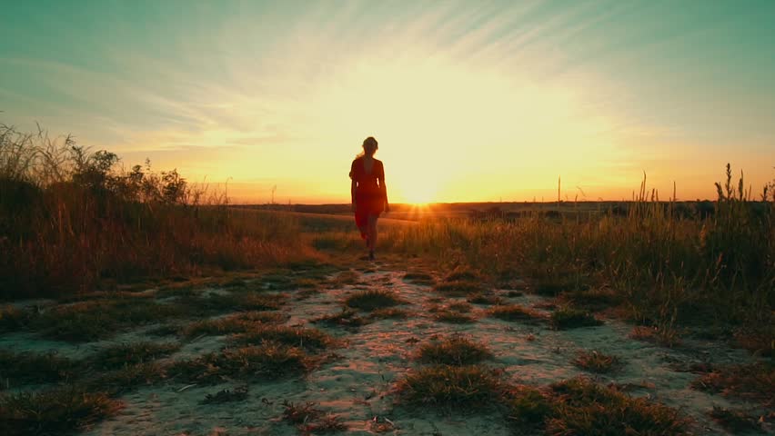 Beautiful Young Woman having Fun in the Meadow. Freedom concept. Sunset