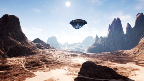 A spaceship flying over an unknown planet. A futuristic concept of a UFO.