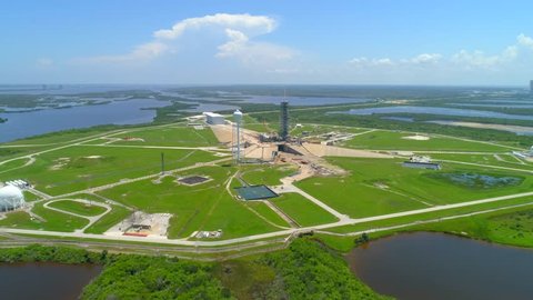 CAPE CANAVERAL, FL, USA - JUNE 24, 2018: Aerial footage NASA launch facility Cape Canaveral Florida 4k 60p