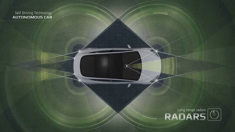 Self driving Autopilot car technologies, radar, 360 render, gps, sensor, cameras, ai, laser, 4K
