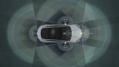 Self driving Autopilot car technologies, radar, 360 render, gps, sensor, cameras, ai, laser, 4K