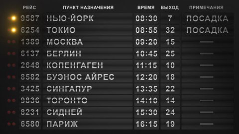 International Airport Departure Flip-Style Board (Russian Version). 20 Cities Timetable. Seamlessly Loopable Background