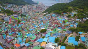 Gamcheon Culture Village in Busan city, South Korea. Aerial video from drone on June 2018.