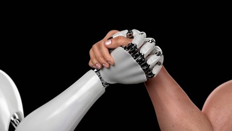 Human Against Robot, Arm Wrestling Competition, the Robot Wins. Beautiful 3d animation on a Black Background with a Depth of Field and on a Green Background. 4K look also as the robot loses 