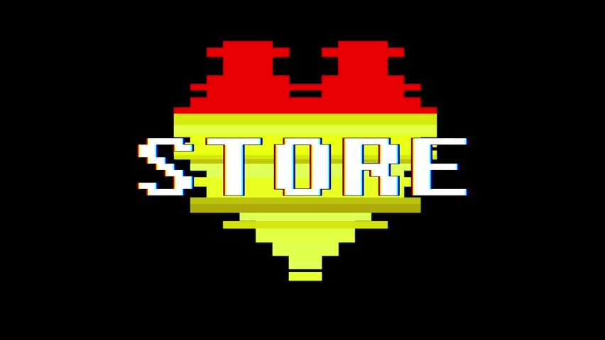 pixel heart STORE word text glitch interference screen seamless loop animation background new dynamic retro vintage joyful colorful video footage