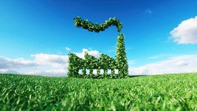 Eco friendly industry clip. 3d rendering of green factory icon on fresh spring meadow with blue sky in background.