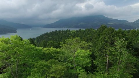 Aerial Drone On Tropical Hakone Town And Lake Ashi Japan