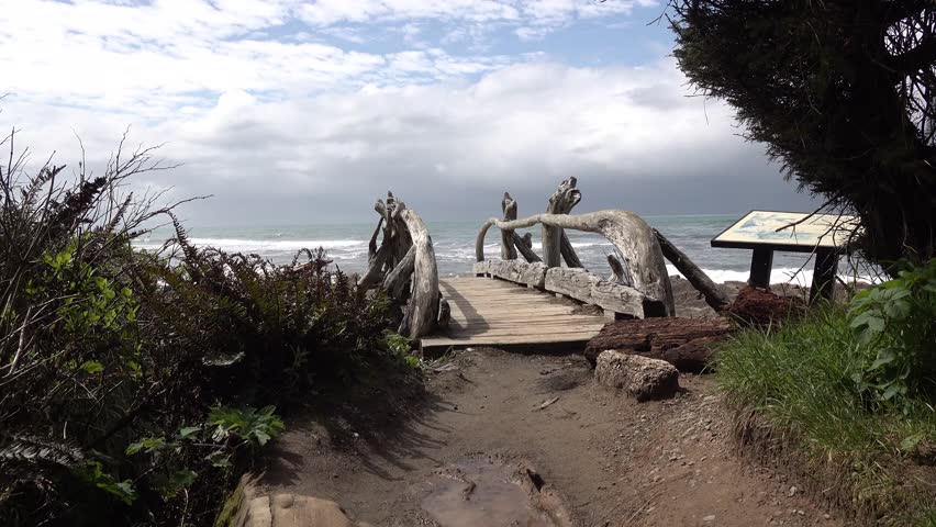 The shore of the Pacific Ocean, a bridge across the river, flowing into the ocean. Olympic National Park, United States, Washington