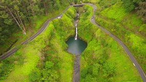 Aerial view of a waterfall along the Hana Highway Maui Hawaii