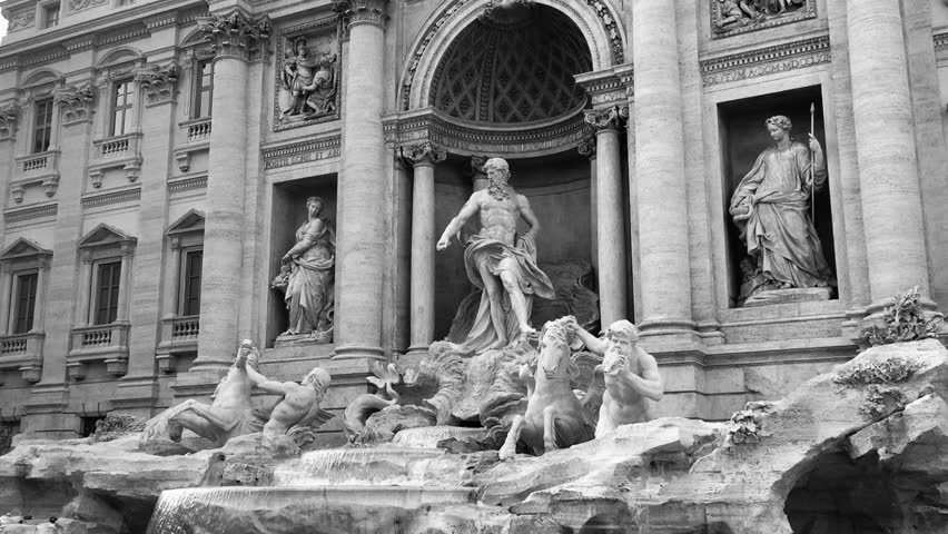 The Trevi Fountain (Fontana Di Trevi), Rome, Italy. Black and White tone. Zoom In.