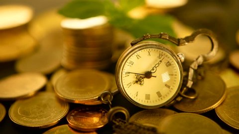 Management efficiency, time is money. Vintage pocket watch with golden coins stack and green leaf, black background. Time for Success of Finance Business. Investment, business financial ideas concept