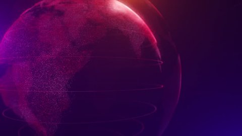 Looped Digital Pink shinny globe of Earth. Rotation of glossy planet with glowing particles. 3D animation of space with digital exploding Earth, Abstract world map background for news intro.