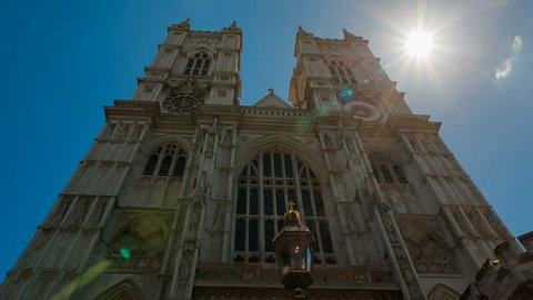 Ultra wide-angle contre-jour shot of the famous Westminster Abbey, stage of royal weddings and coronations in London, England, UK