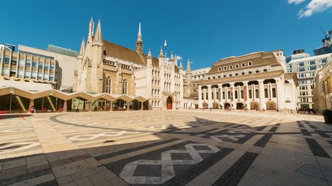 LONDON, circa 2018 - Ultra wide shot of the Guildhall, the ceremonial and administrative centre of the City of London, England, UK on a sunny day