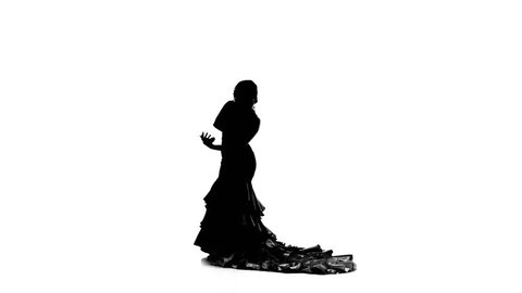 Flamenco. Girl is dancing castanets in her hands dancing. White background. Silhouette