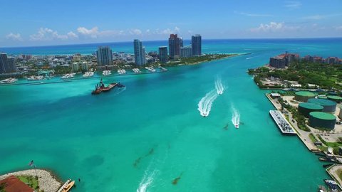Aerial video of Miami Beach inlet to the ocean 4k