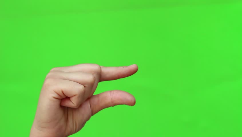 Hand Showing A Small Size Sign. Hand Gesture. Chroma Key Background