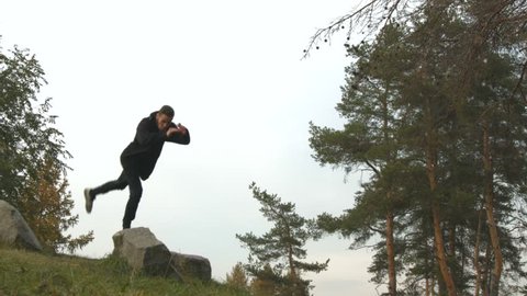 Parkour in the park.
Slow motion. The guy pushes from the stone and performs a flip forward with a lower swing and somersault.