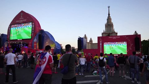 MOSCOW, RUSSIA - JUNE 27, 2018 : FIFA fan fest in Moscow Russia during 2018 FIFA World Cup during Brazil soccer game. FIFA FAN FEST at Sparrow Hills attracted thousands of fans.
