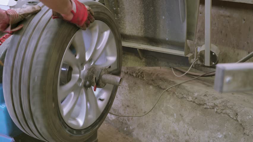 A man rolling on the tire machine in the auto shop locking the rim and the rubber tire