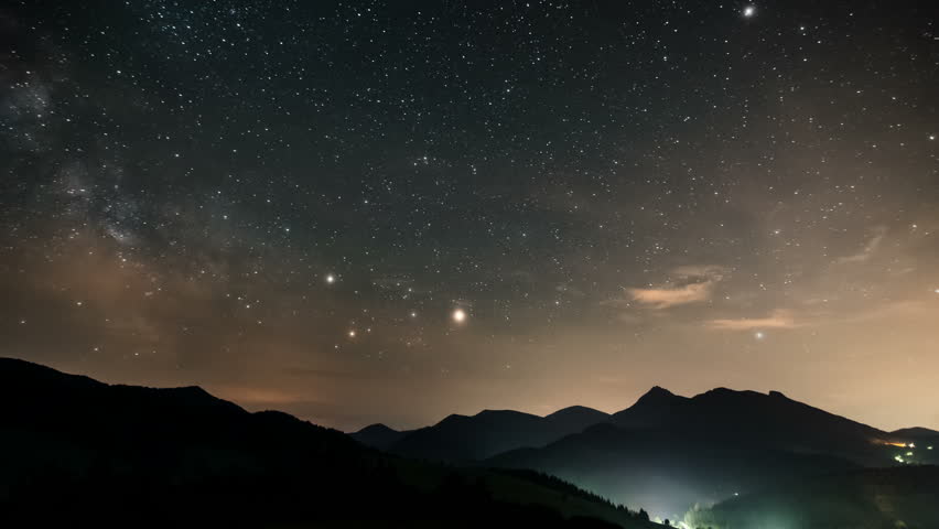 Milky way galaxy stars night sky over mountains Time lapse