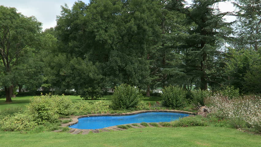 Woman swims in scenic garden setting