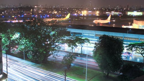 Sao Paulo airport. Congonhas CGH, Brazil. Time lapse. Airplanes, traffic. 4K