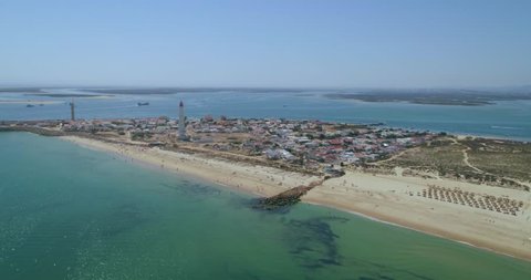 Aerial view of beautiful ilha do Farol (lighthouse island), in Ria Formosa famous nature destination, Algarve coast, Portugal. 