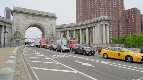 New York, United States, June 10, 2018: traffic exiting the Manhatten bridge into Chinatown in Downtown New York city