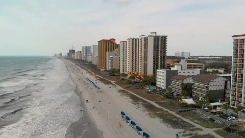 Aerial view of Myrtle Beach buildings along the coast, South Carolina.