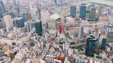 June 1, 2018 Osaka, Japan 
Aerial over Osaka city Umeda Station downtown business district