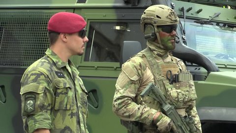 OLOMOUC, CZECH REPUBLIC, JUNE 29 , 2018: The elite army troop of the Czech Republic is armed, with a modern weapon with the assault rifle BREN 805 CZ, soldiers with a uniform green mask, NATO