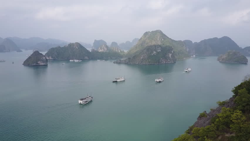 Drone Panorama of Ha Long Bay Karst and Island Beach