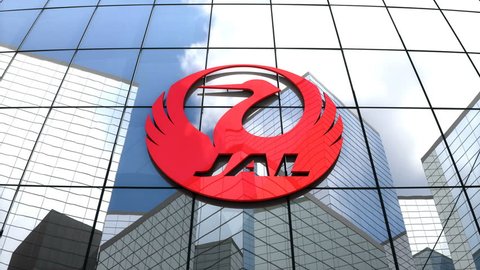 May 2018, Editorial use only, 3D animation, Japan Airlines Co., Ltd. logo on glass building.