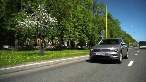 Moscow/Russia - 02 06 2018: gray volkswagen tiguan drive on the road.
