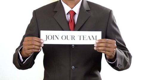 Businessman holding white card with Join our team sign