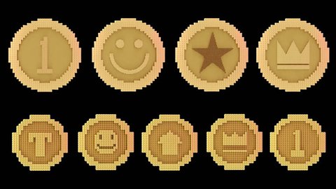 8 bits voxel rotating animated golden coins, arcade style