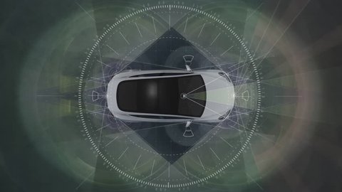 Self driving Autopilot car technologies, visualization the combined tech in a 360 render, radar, sensor, camera, laser scanner, 4K