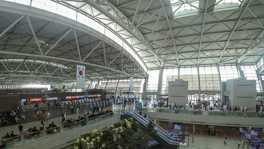 SEOUL, KOREA - MAY 31, 2018: Timelapse of People Moving at Incheon International Airport