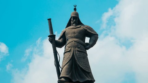 Timelapse of Admiral Yi Sun-sin Monument at Gwanghwamun Square in Seoul, South Korea
