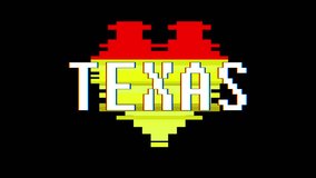 pixel heart TEXAS word text glitch interference screen seamless loop animation background new dynamic retro vintage joyful colorful video footage