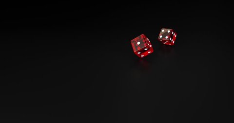 Red dice falling on black background in slow motion 3D rendering