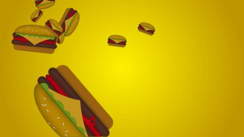 Falling Junk food on yellow background for motion graphics, birthday, advertise etc,  falling burger food pattern background