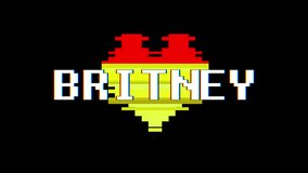 pixel heart BRITNEY word text glitch interference screen seamless loop animation background new dynamic retro vintage joyful colorful video footage