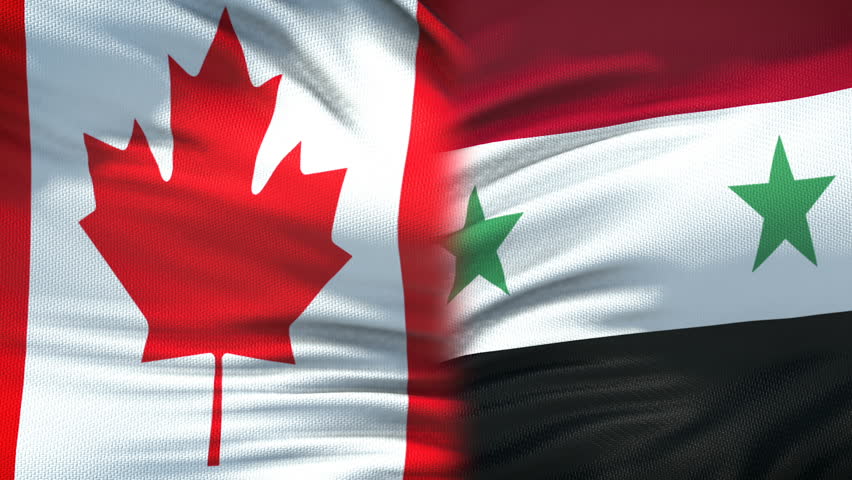 Canada and Syria handshake, international friendship relations, flag background