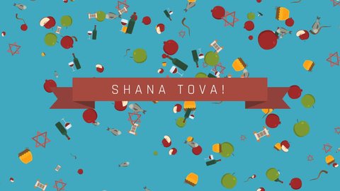 Rosh Hashanah holiday flat design animation background with traditional symbols with text in english "Shana Tova" meaning "Have a good year". loop with alpha channel.