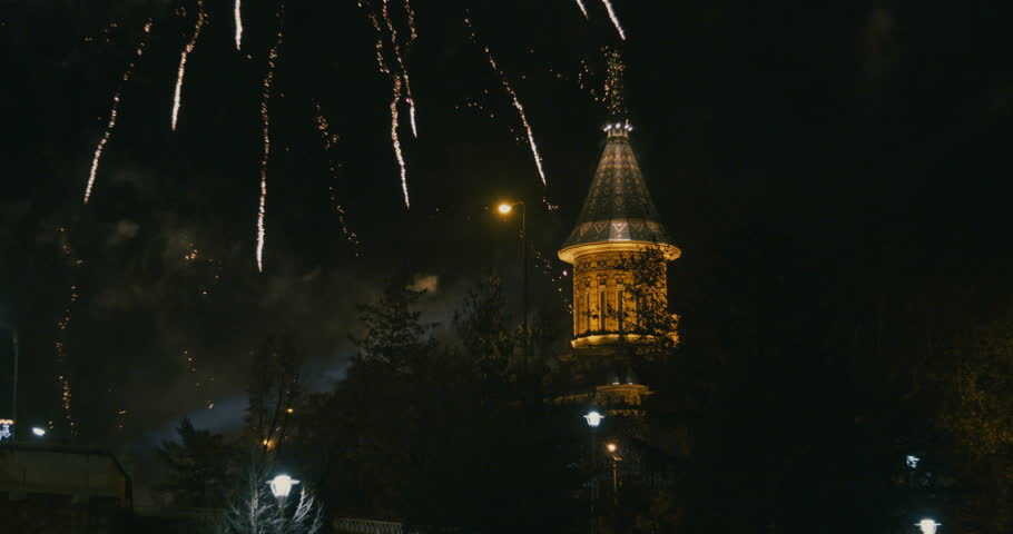 Beautiful fireworks show with the occasion of The Romanian National day on 1 December or New Year in Timisoara, Romania.