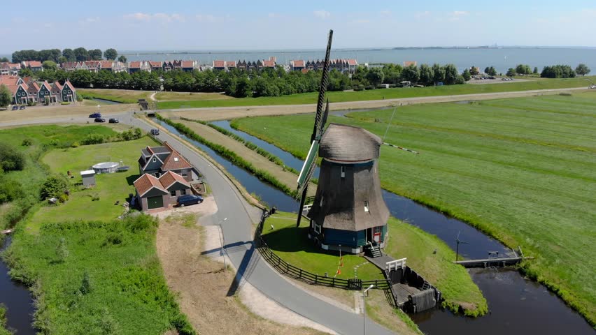 Windmill Volendam, North Holland, Netherlands. Aerial shot of the front side of the Windmill.  